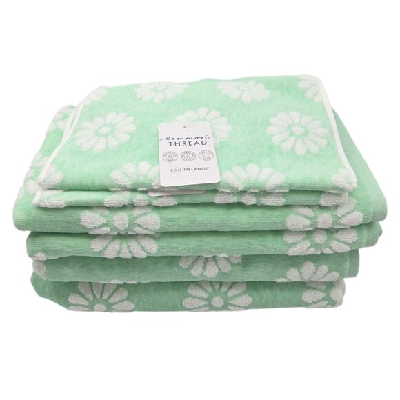 Common Thread Eco Melange White Daisy Mint Green Zero Twist Cotton Towel Set 6pc - Picture 8 of 9
